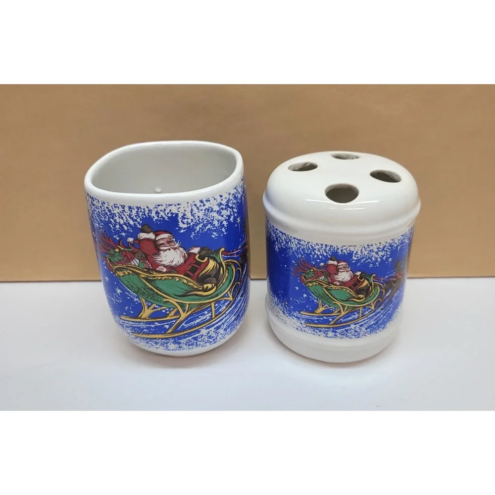 Vintage Christmas Santa Sleigh Ceramic Toothbrush Holder and Cup Set Blue White